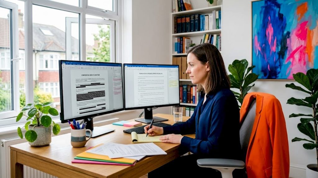 Person working at dual-monitor home office desk