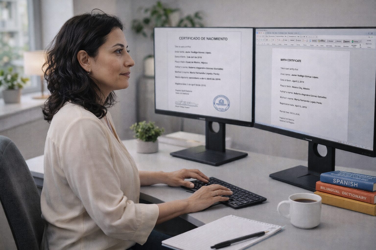 Woman typing at dual monitors with documents