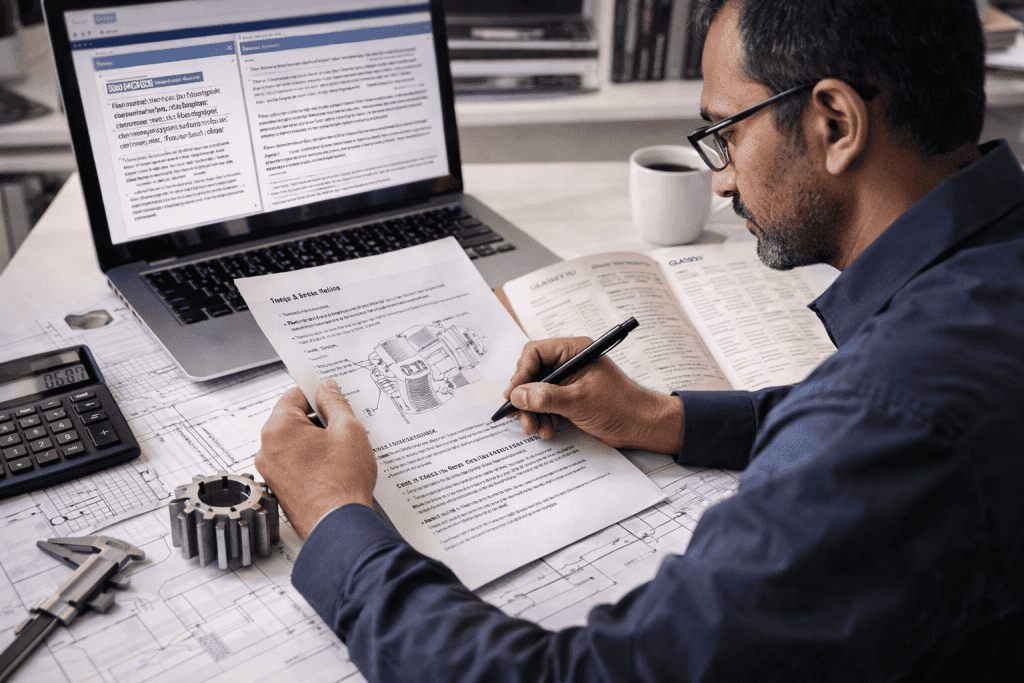 Engineer reviewing technical drawings with laptop