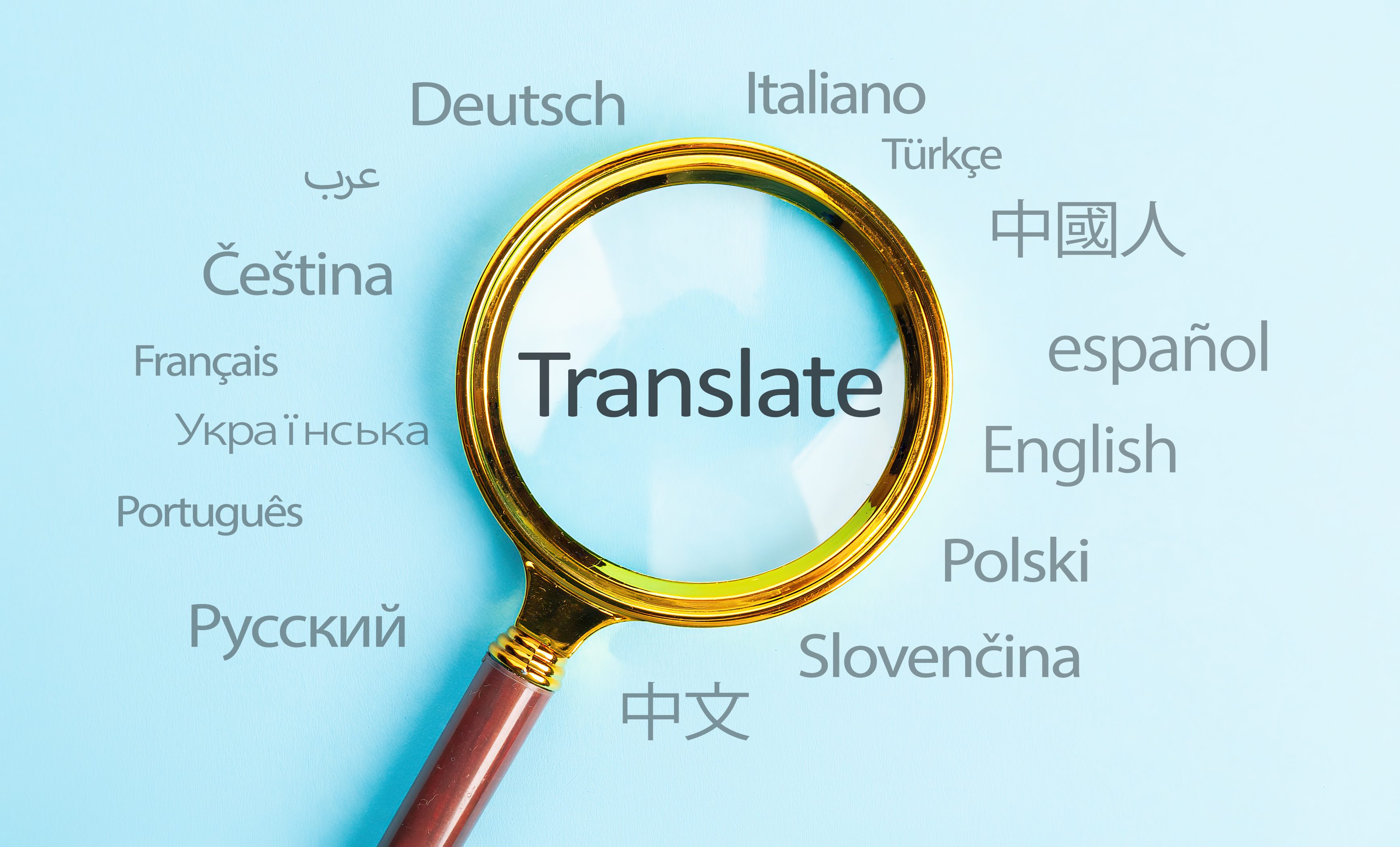 Magnifying glass over multilingual translation words.