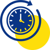 Clock with blue arrows and yellow circle.