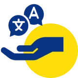 Hand with speech bubbles and language symbols.