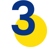 Blue number three on yellow circle background.