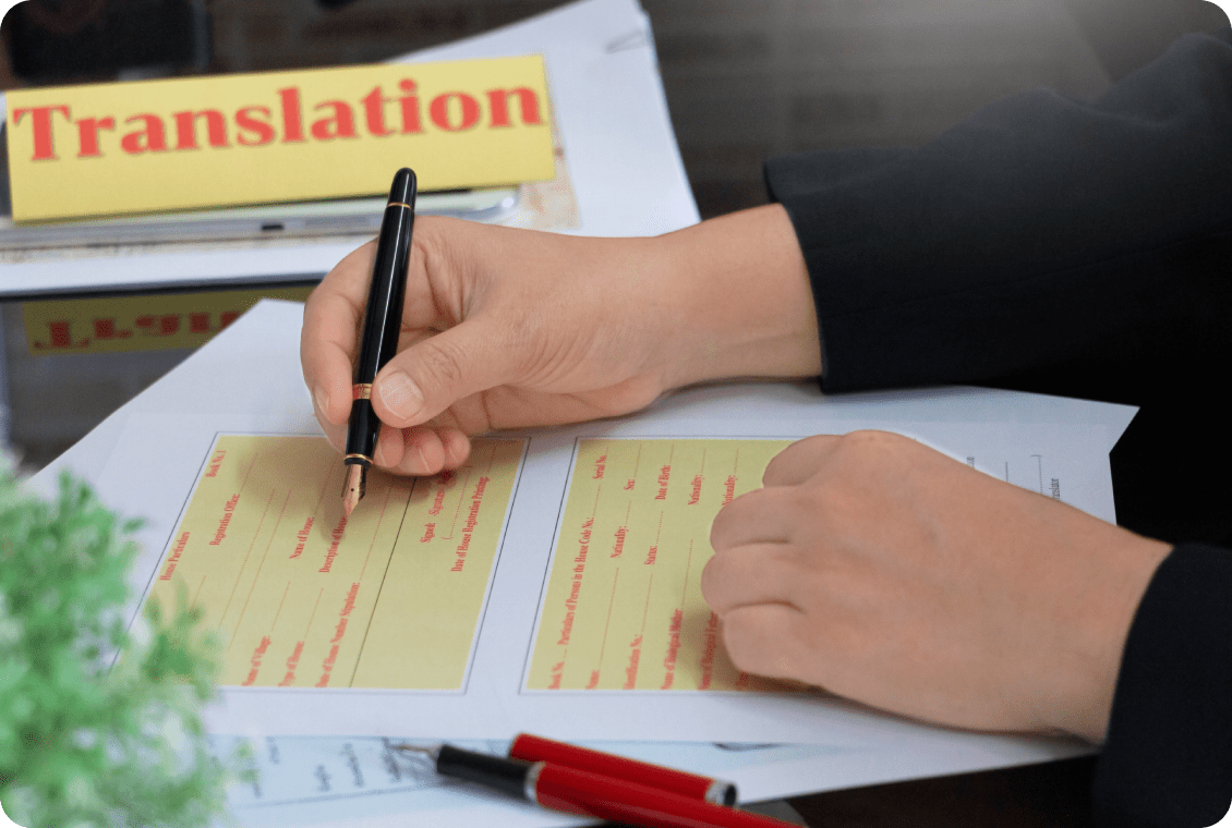 Hands filling out translation document with pen