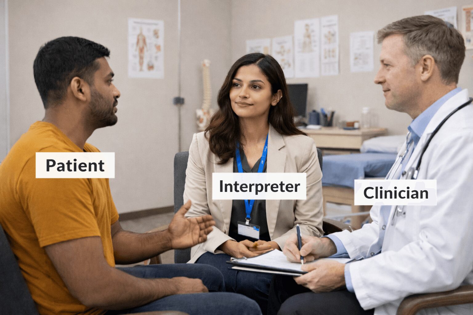 Patient, interpreter, clinician during medical consultation
