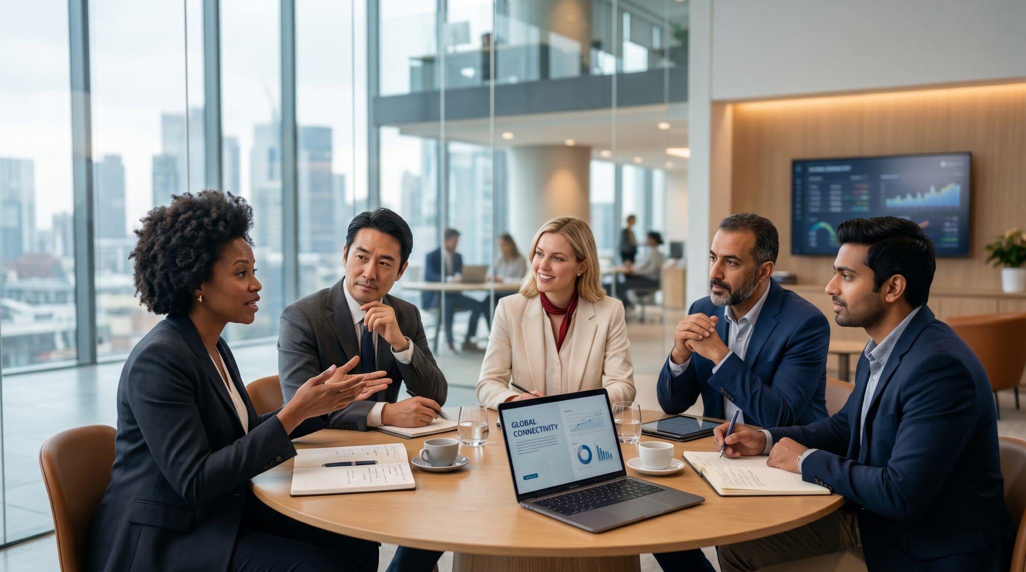 five people having a discussion